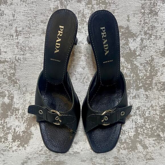 Prada Buckle Front Open Toe Leather Mules in Black - Picture 6 of 9